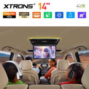 14-Zoll-Ultradünner Auto-TV-Dachmonitor mit eingebauten Stereolautsprechern und HD/AV/USB-Eingang und 2-teiligen Kopfhörern