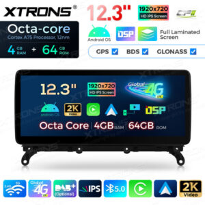 12,3 Zoll Octa Core 4 + 64 GB Global 4G LTE Android Auto-Stereo-Multimedia-Player mit vollständig laminiertem Bildschirm für