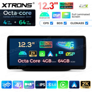 12,3 Zoll Octa Core 4 + 64 GB Global 4G LTE Android Auto-Stereo-Multimedia-Player mit vollständig laminiertem Bildschirm für