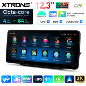 12,3 Zoll Octa Core 4 + 64 GB Global 4G LTE Android Auto-Stereo-Multimedia-Player mit vollständig laminiertem Bildschirm für