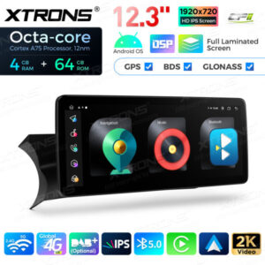 12,3 Zoll Octa Core 4 + 64 GB Global 4G LTE Android Auto-Stereo-Multimedia-Player mit vollständig laminiertem Bildschirm für