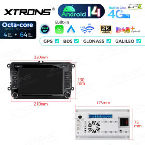 PX74MTVL 7 Zoll Octa Core 4 + 64 GB Android 14 Autoradio Multimedia Player Custom Fit für Volkswagen / SEAT / SKODA Global 4G