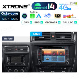 PX74MTVL 7 Zoll Octa Core 4 + 64 GB Android 14 Autoradio Multimedia Player Custom Fit für Volkswagen / SEAT / SKODA Global 4G