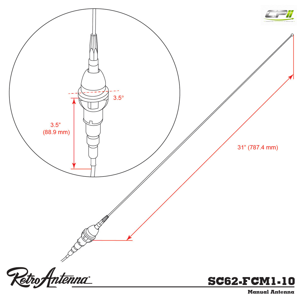 RETROSOUND Stabantenne für 1970-81 Chevy Camaro (MC-7081-15-FF), Frontmontage