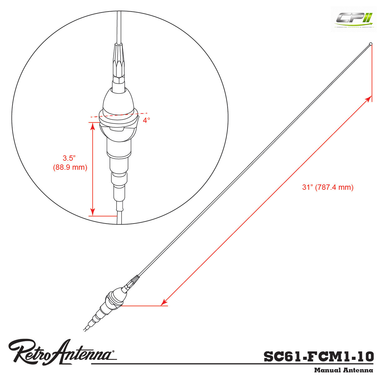 RETROSOUND Stabantenne, verchromtes Messing, Frontmontage