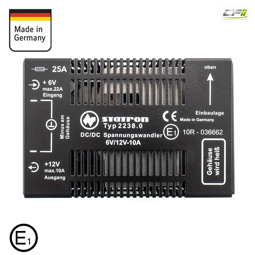 STATRON DC/DC-Wandler von 6 auf 12 VDC, 10A, mit E1 Zulassung