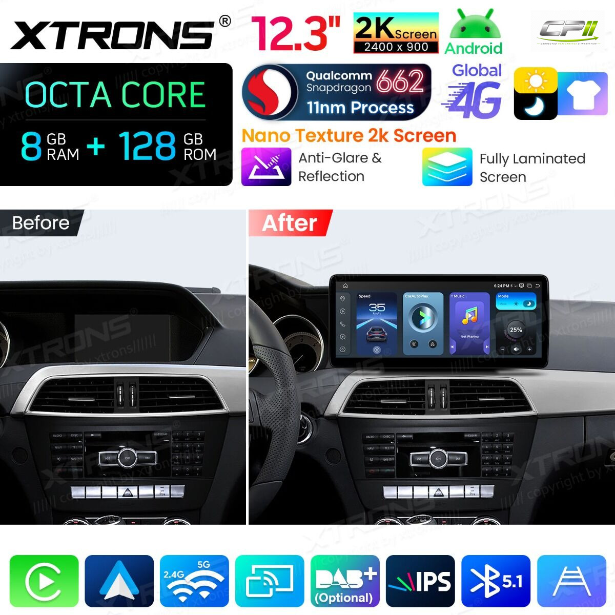 Android Autoradio Xtrons für Mercedes-Benz C-Klasse W204 (2011–2014, Linkslenker, NTG 4.5/4.7) 8/128 GB