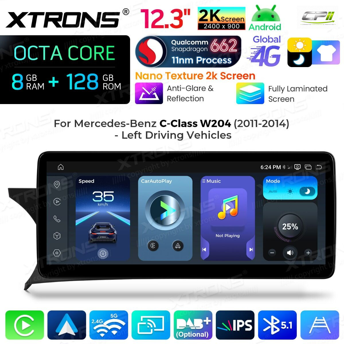 Android Autoradio Xtrons für Mercedes-Benz C-Klasse W204 (2011–2014, Linkslenker, NTG 4.5/4.7) 8/128 GB