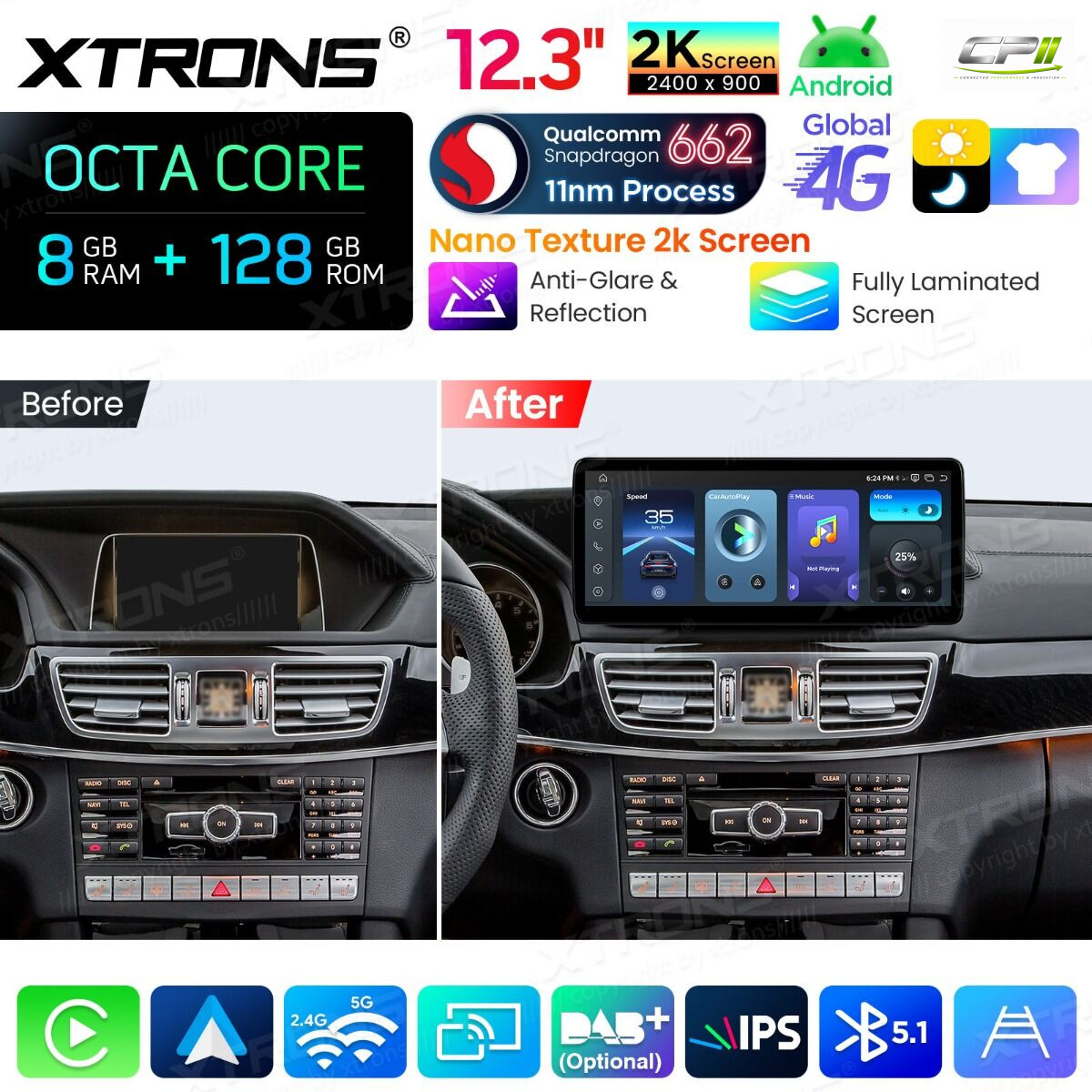 Android Autoradio Xtrons für Mercedes-Benz E-Klasse W212 / S212 (2013–2014, Linkslenker, NTG 4.5/4.7) 8/128 GB