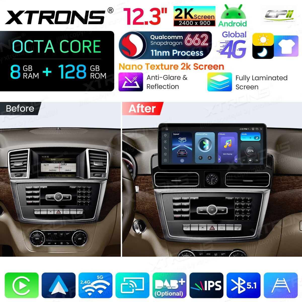 Android Autoradio Xtrons für Mercedes-Benz ML/GL-Klasse (Linkslenker) NTG 4.5/4.7 8/128 GB – QBMH2445M12ML45-08 CPII