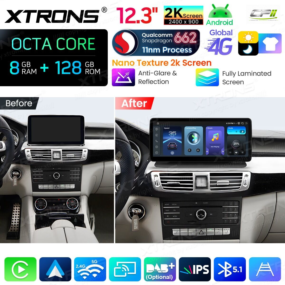 Android Autoradio Xtrons für CLS-Klasse C218/W218 (2014–2017), NTG 5.0/5.1/5.2 8/128 GB – QBMH2450M12CLS-07 CPII