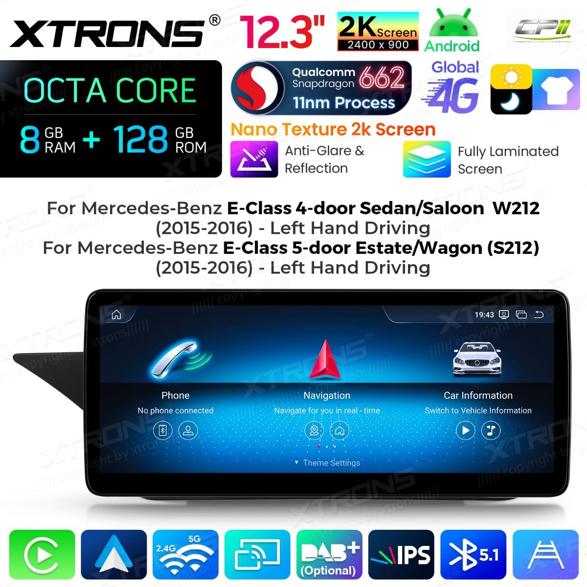 Android Autoradio Xtrons für Mercedes-Benz E-Klasse W212 / S212 (2015–2016, Linkslenker, NTG 5.0/5.1/5.2) 8/128 GB