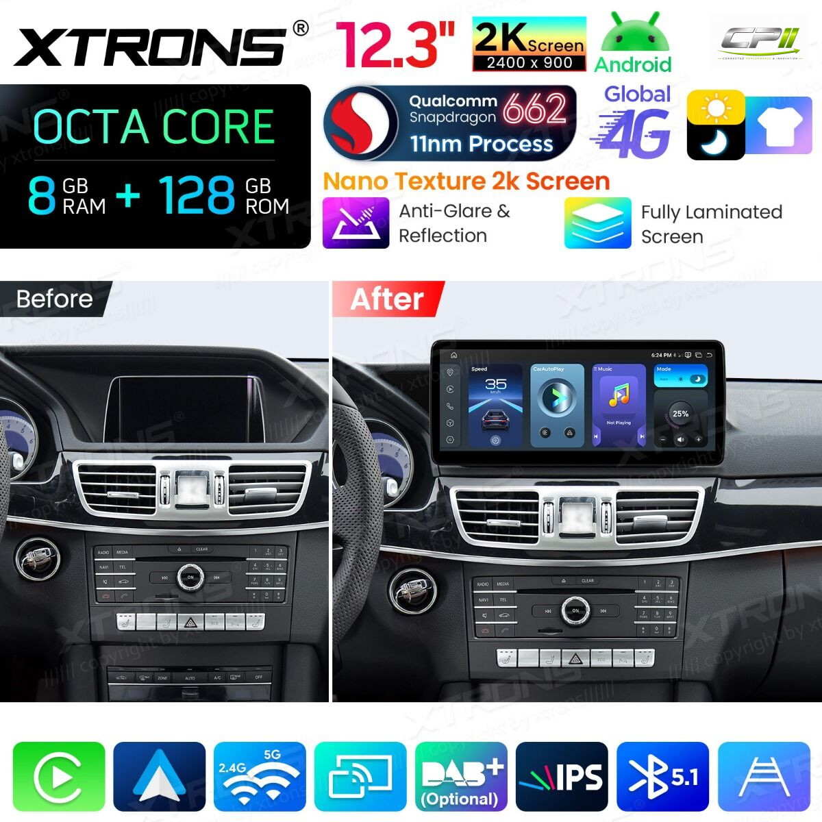 Android Autoradio Xtrons für Mercedes-Benz E-Klasse W212 / S212 (2015–2016, Linkslenker, NTG 5.0/5.1/5.2) 8/128 GB