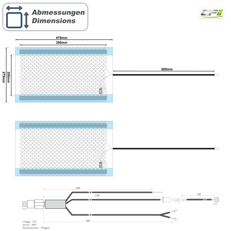 AMPIRE Sitzheizung, 2x 480x280mm, Schalter 2-stufig, 12 Volt