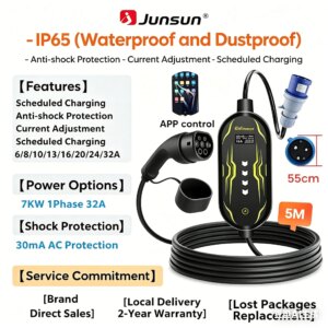 Junsun Typ 2 App-gesteuertes tragbares EV-Ladegerät 6 8 10 13 16 20 24 32A Einstellbarer Strom IP65 Wasserdicht 3 6KW 7KW Kompatibel mit geplanter Ladefunktion Touch-Button-Bedienfeld 2 Jahre Garantie für EU-Stecker Elektroauto Hybrid – Bild 8