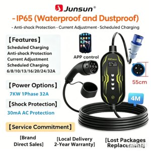 Junsun Typ 2 App-gesteuertes tragbares EV-Ladegerät 6 8 10 13 16 20 24 32A Einstellbarer Strom IP65 Wasserdicht 3 6KW 7KW Kompatibel mit geplanter Ladefunktion Touch-Button-Bedienfeld 2 Jahre Garantie für EU-Stecker Elektroauto Hybrid – Bild 7