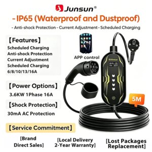 Junsun Typ 2 App-gesteuertes tragbares EV-Ladegerät 6 8 10 13 16 20 24 32A Einstellbarer Strom IP65 Wasserdicht 3 6KW 7KW Kompatibel mit geplanter Ladefunktion Touch-Button-Bedienfeld 2 Jahre Garantie für EU-Stecker Elektroauto Hybrid – Bild 6