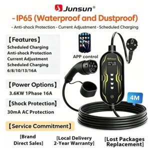 Junsun Typ 2 App-gesteuertes tragbares EV-Ladegerät 6 8 10 13 16 20 24 32A Einstellbarer Strom IP65 Wasserdicht 3 6KW 7KW Kompatibel mit geplanter Ladefunktion Touch-Button-Bedienfeld 2 Jahre Garantie für EU-Stecker Elektroauto Hybrid
