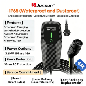 Junsun Typ 2 Tragbares EV-Ladegerät 6A 8A 10A 13A 16A 20A 24A 32A Einstellbarer Strom IP65 1 & 3 Phasen Wasserdicht 3,6KW 7KW 11KW 22KW Kompatibel mit Zeitgesteuerter Ladefunktion Touch-Button-Bedienfeld 2 Jahre Garantie für EU-Stecker Elektroauto Hybrid