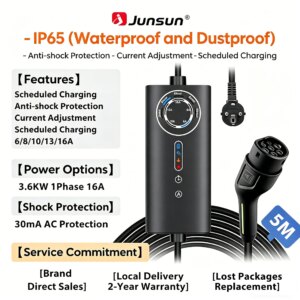 Junsun Typ 2 Tragbares EV-Ladegerät 3,6KW 7KW 11KW 22KW IP65 Wasserdicht Outdoor Modus 2 Ladekabel mit 6 8 10 13 16 20 24 32A Einstellbarem Strom, Programmierbarer Ladefunktion, Touch-Tasten-Steuerung, 2 Jahre Garantie für EU-Elektroautos, Hybrid- und BEV