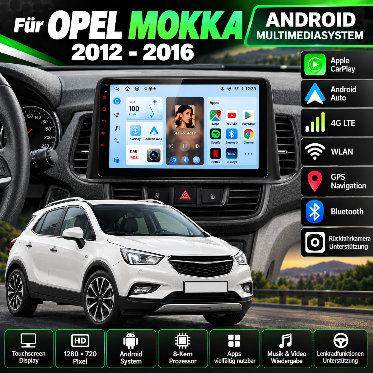 Android Autoradio für Opel Mokka 2012-2016 9 Zoll GPS Navigation Carplay DSP Bluetooth FM Lenkradbedienung – Bild 2