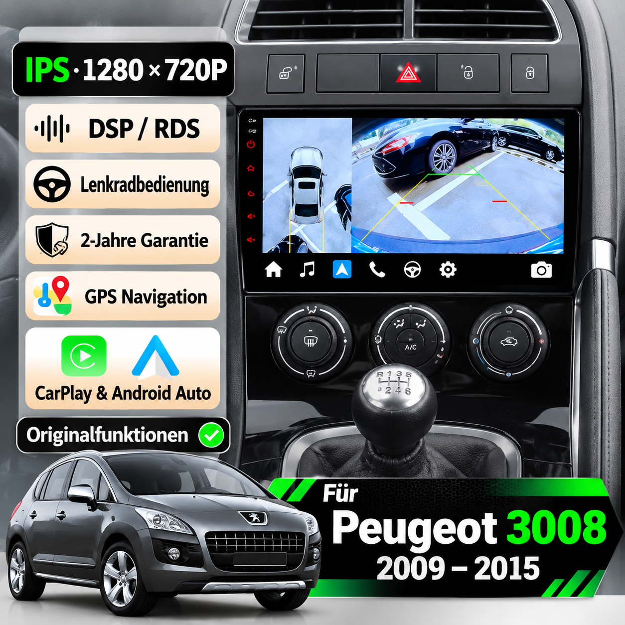 Android Autoradio für Peugeot 3008 2013-2015 9 Zoll GPS Navigation Carplay DSP Bluetooth FM Lenkradbedienung – Bild 2