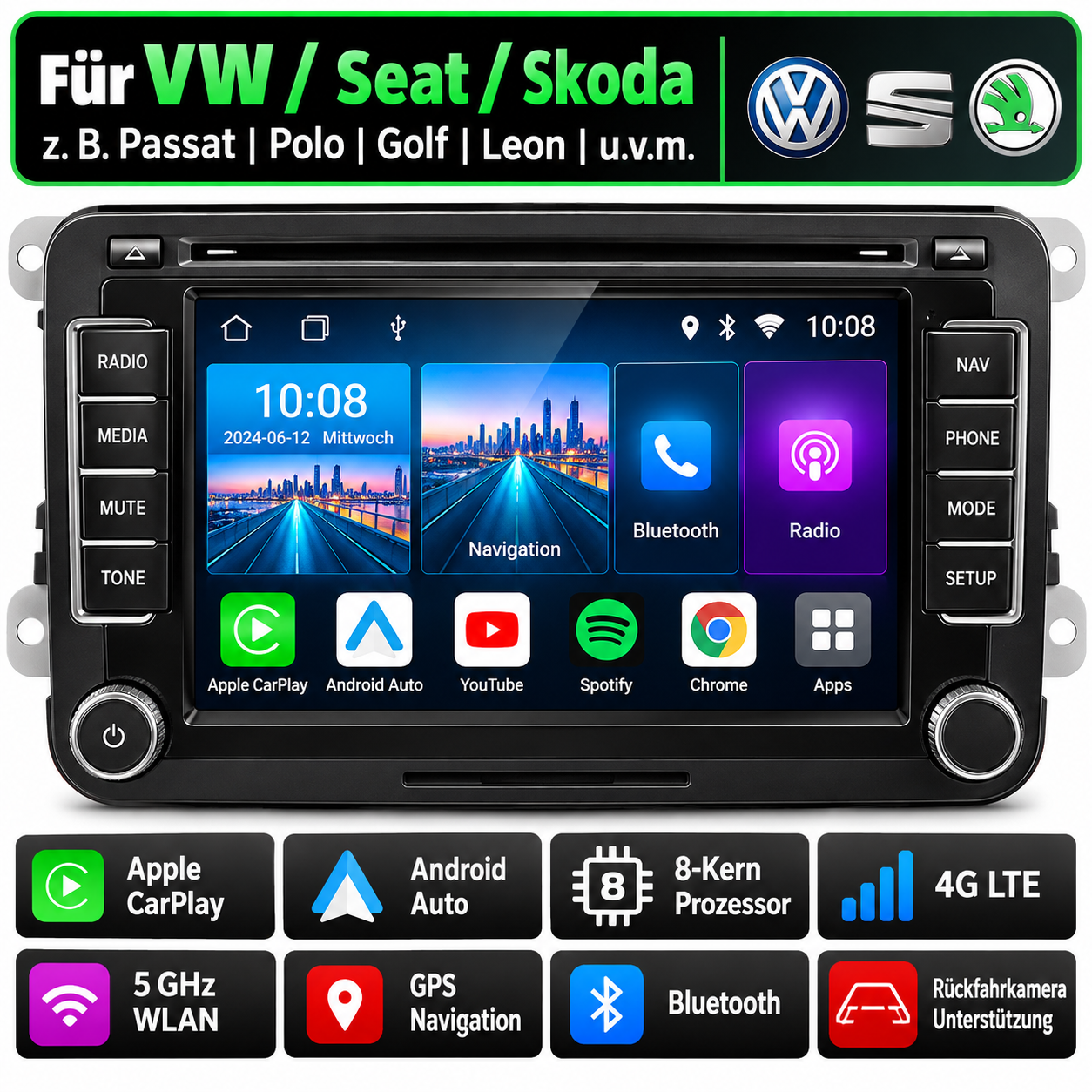 Android Autoradio Volkswagen VW SEAT Leon Passat B6 B7 Tiguan Touran GOLF POLO Multimedia 2din CarPlay – Bild 2