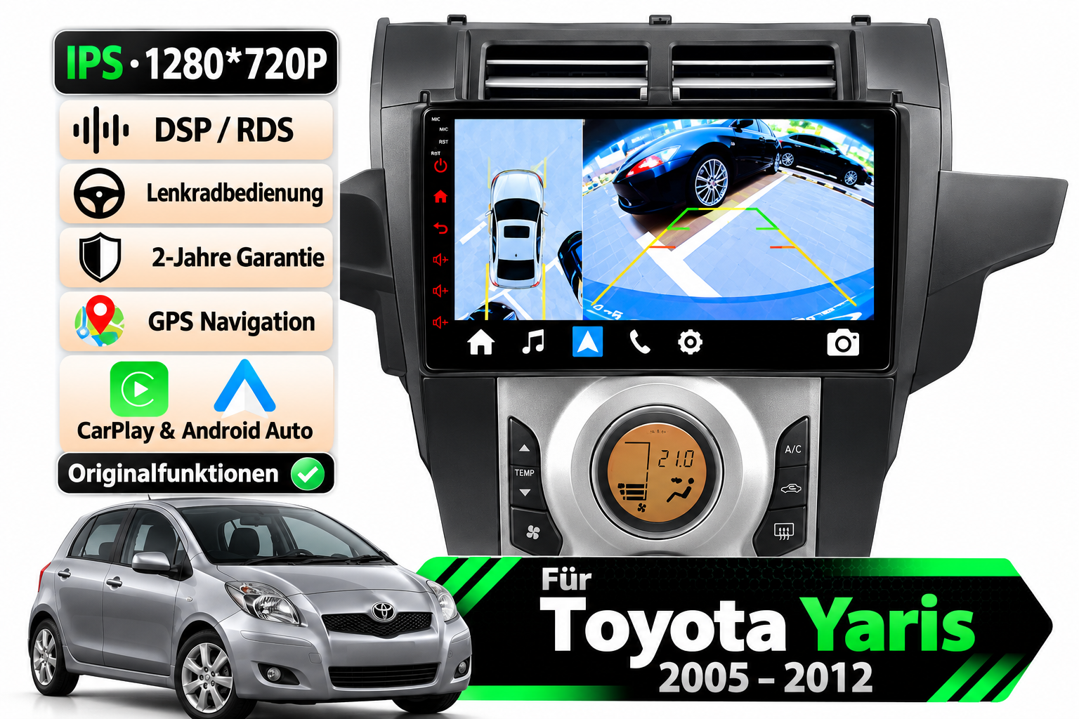 Android Autoradio für Toyota Yaris 2005-2012 9 Zoll GPS Navigation Carplay DSP Bluetooth FM Lenkradbedienung – Bild 2