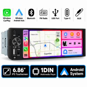 Alternative view of Android Autoradio Universal 1-Din  Carplay Android Auto Multimedia GPS-Navigation BT SWC FM MIC AUX USB Typ-C