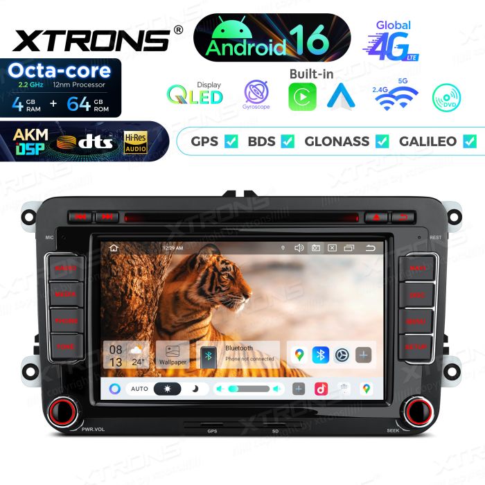 Xtrons IP76MTVG Android Autoradio mit CD- und DVD-Player für VW Golf, Passat, Skoda und SEAT, AKM DSP, 4G, kabelloses CarPlay und Android Auto