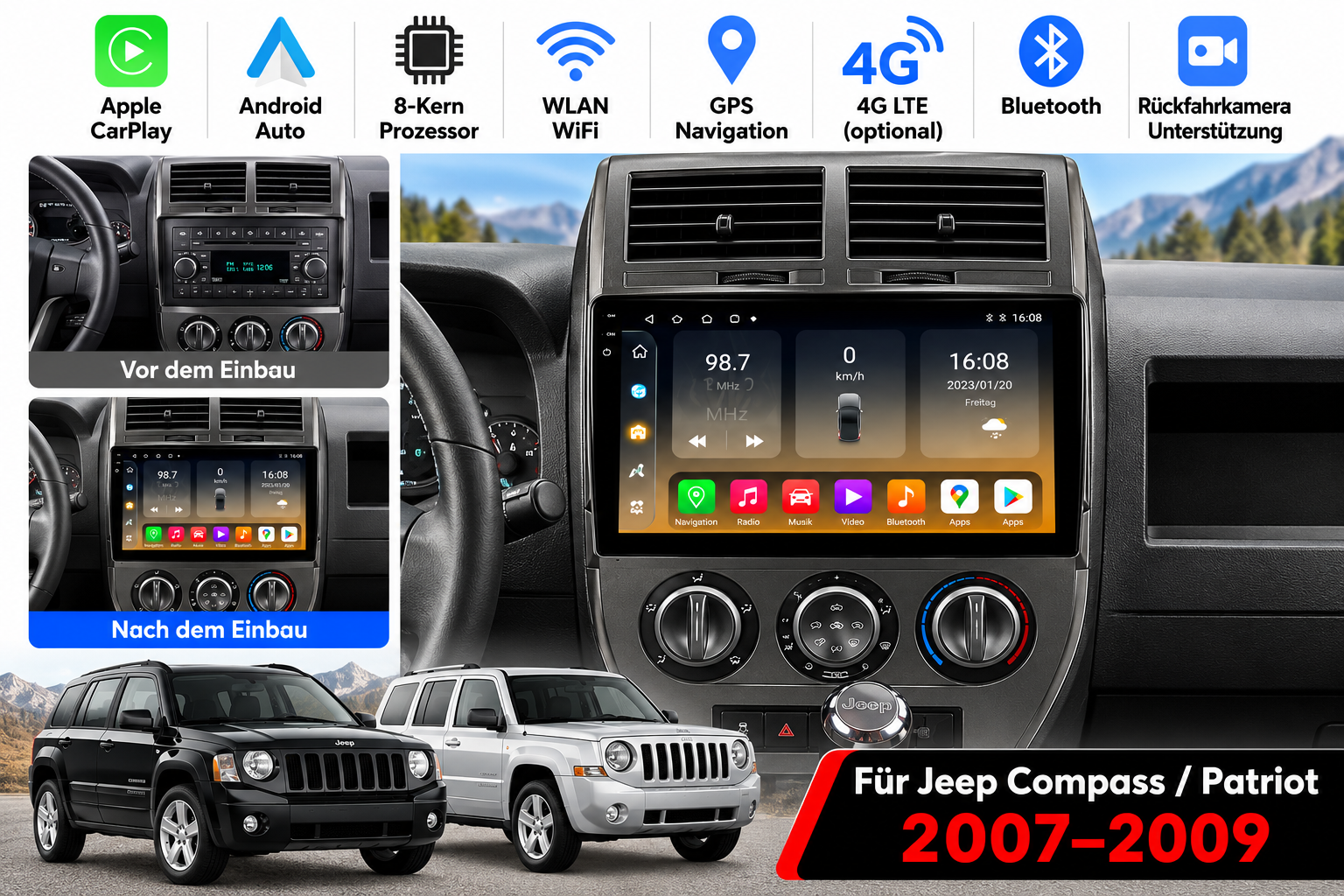 Android Autoradio für Jeep Compass Patriot 2007 - 2009 Multimedia-GPS 4G Carplay – Bild 2